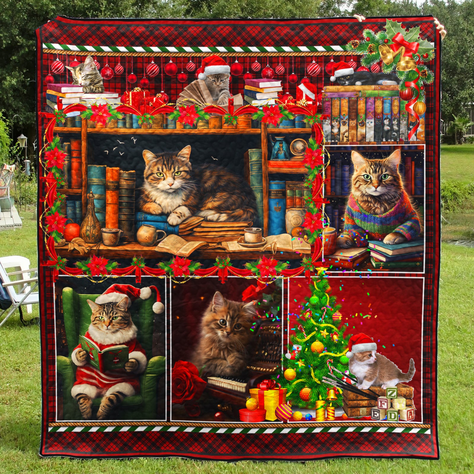 Cat Book Christmas Art Quilt HN051101T