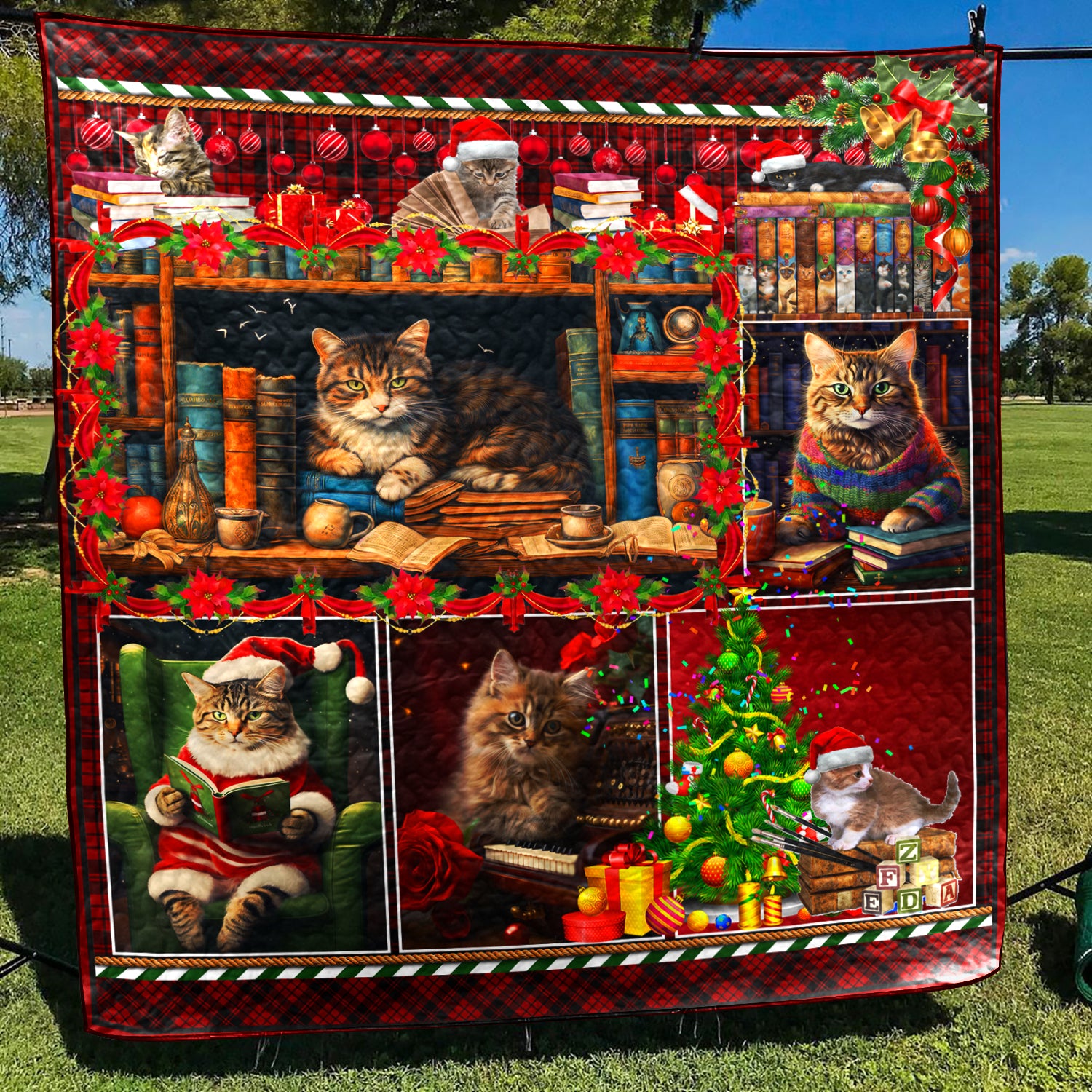Cat Book Christmas Art Quilt HN051101T