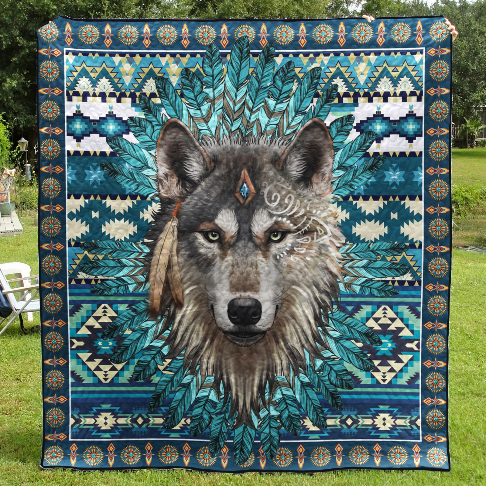 Native American Inspired Flowers Wolf Art Quilt MT190502M