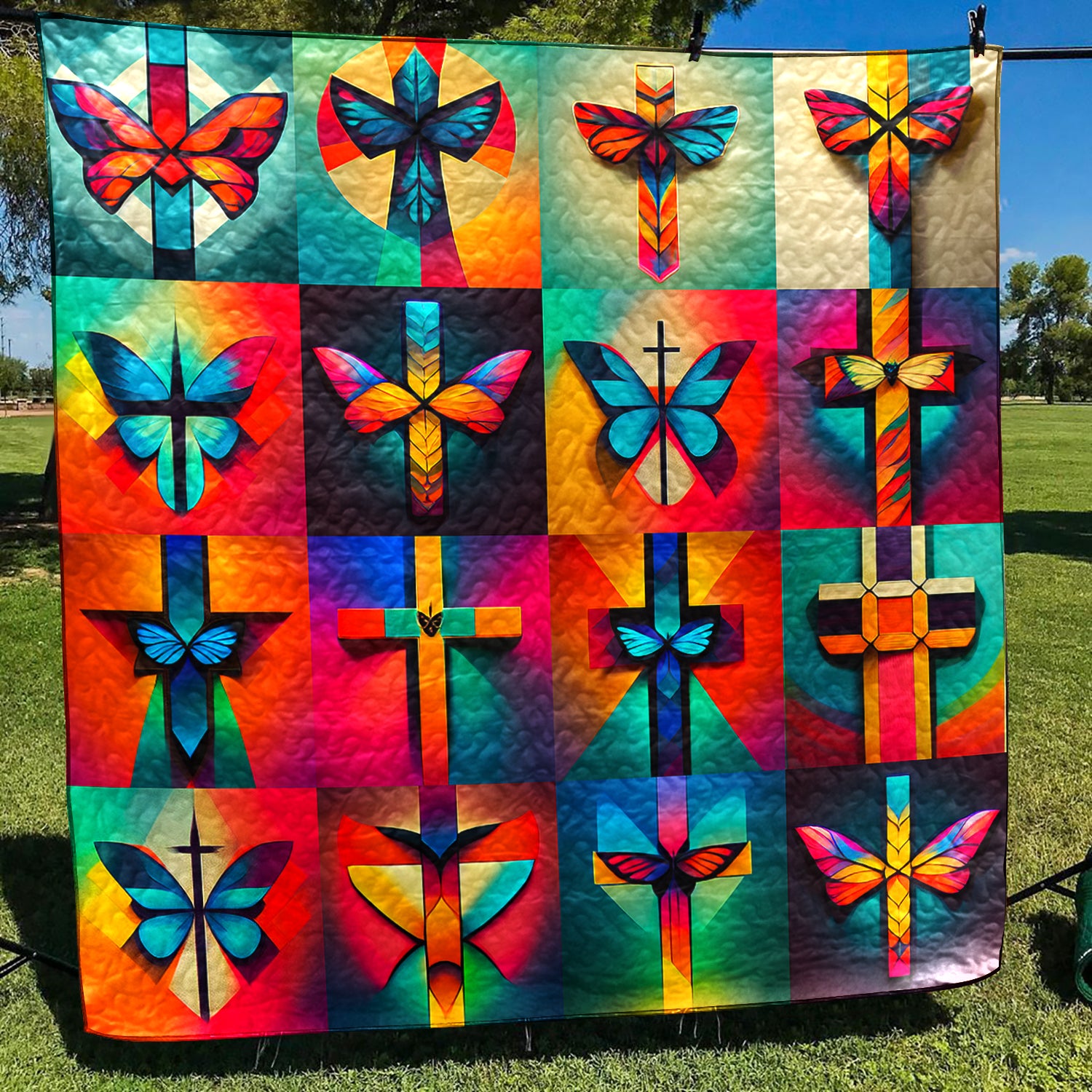 Colorful Butterfly Christian Cross Art Quilt TD200801Y