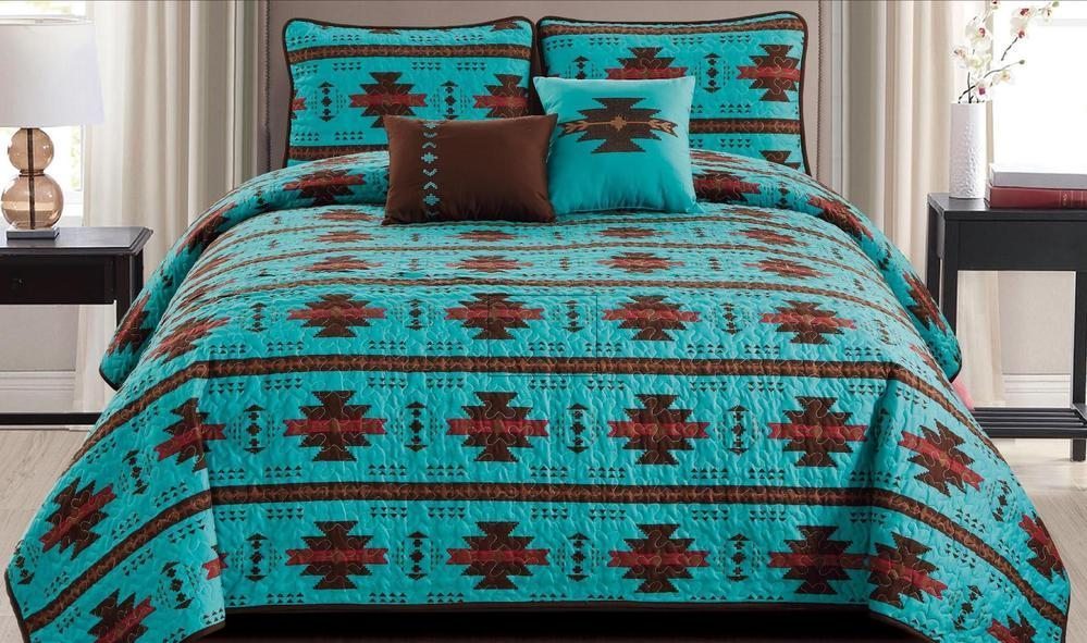Rustic Southwestern Turquoise Aztec CLM211044 Quilt Bed Set