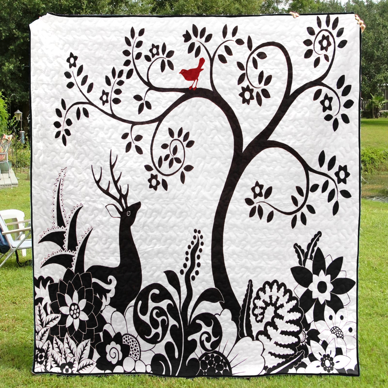 Black White Deer With Red Bird CLA1910043Q Art Quilt