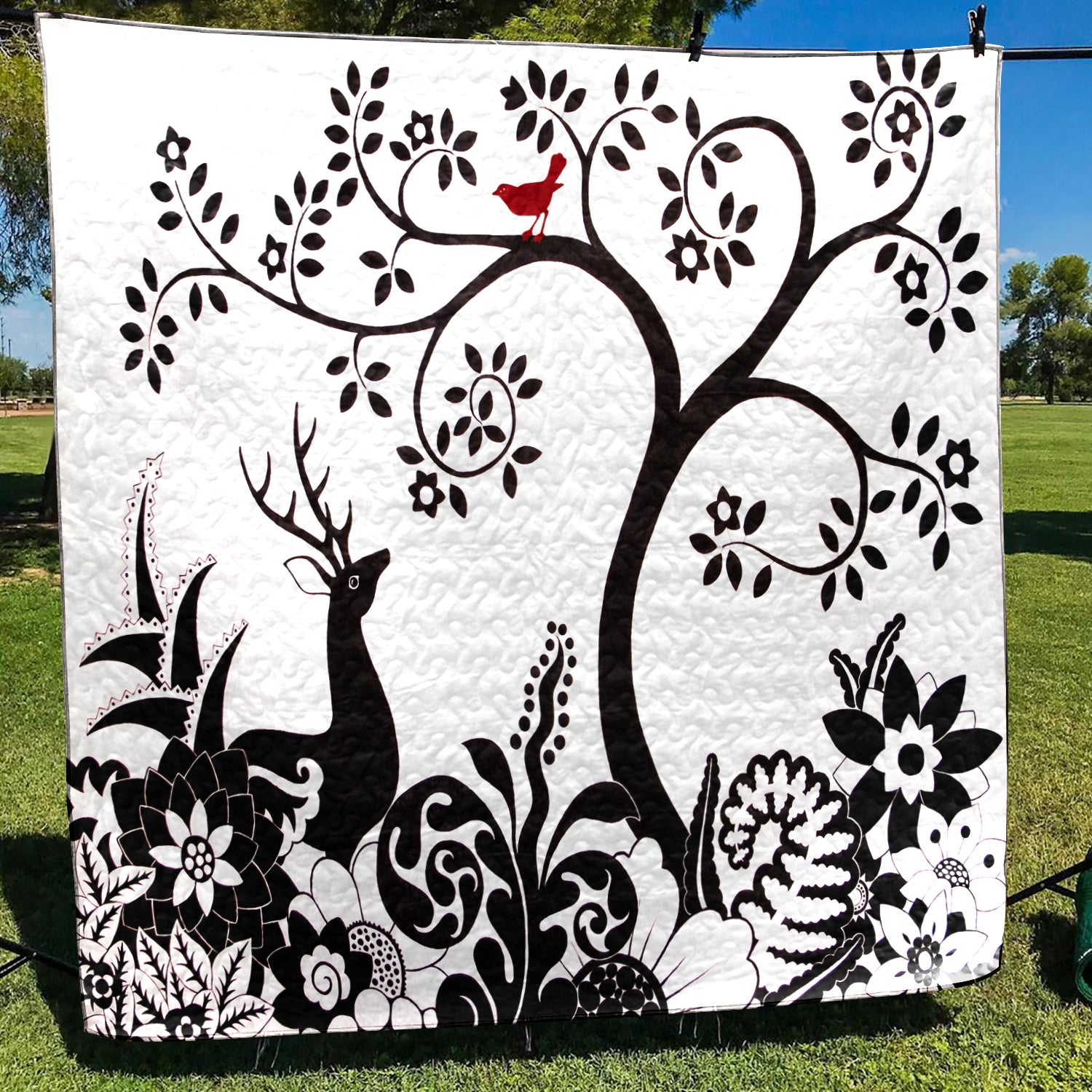 Black White Deer With Red Bird CLA1910043Q Art Quilt