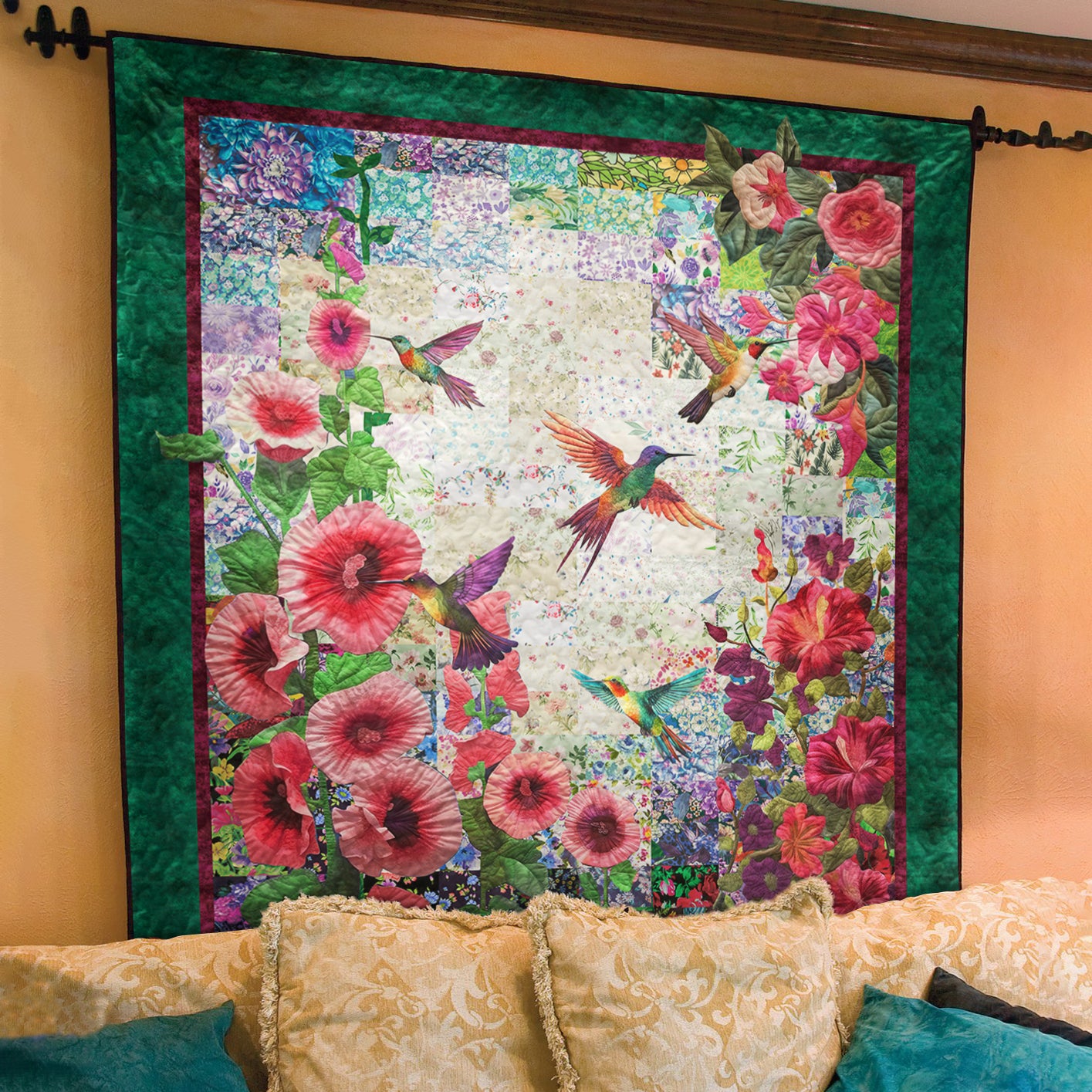Hummingbirds And Hollyhocks CLT1111108H Art Quilt