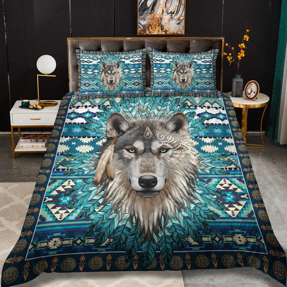 Native American Inspired Flowers Wolf Quilt Bed Set MT230503M