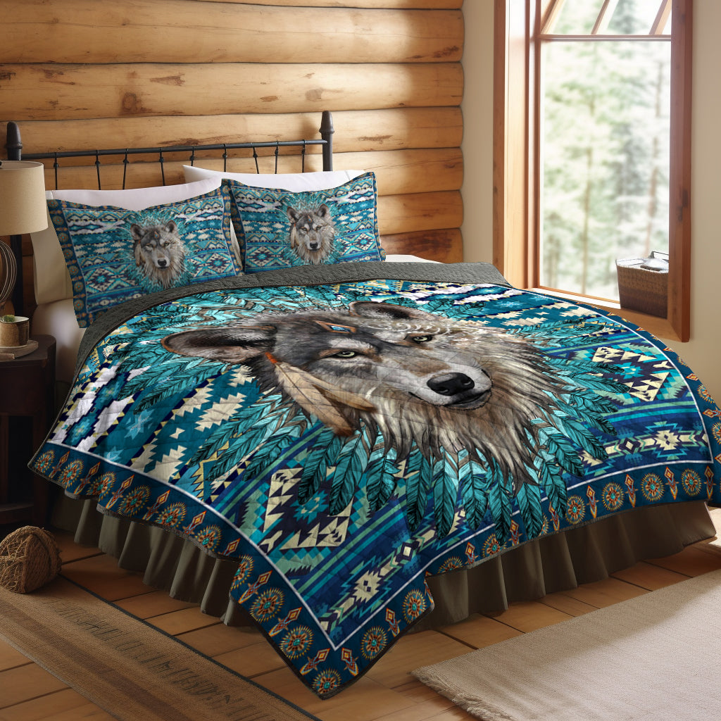 Native American Inspired Flowers Wolf Quilt Bed Set MT230503M