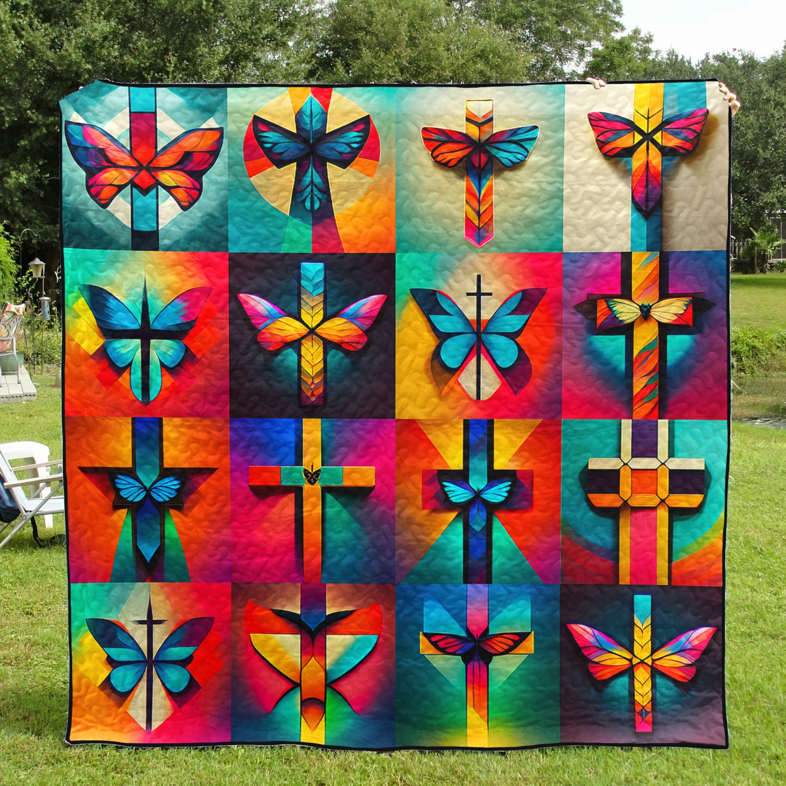 Colorful Butterfly Christian Cross Art Quilt TD200801Y