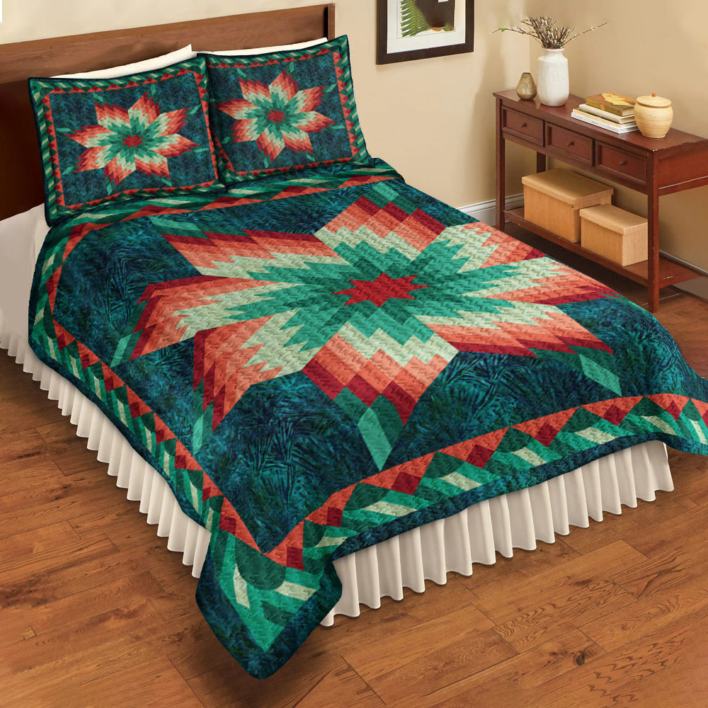 Native American Inspired Star Green Quilt Bed Set HN310504MBS